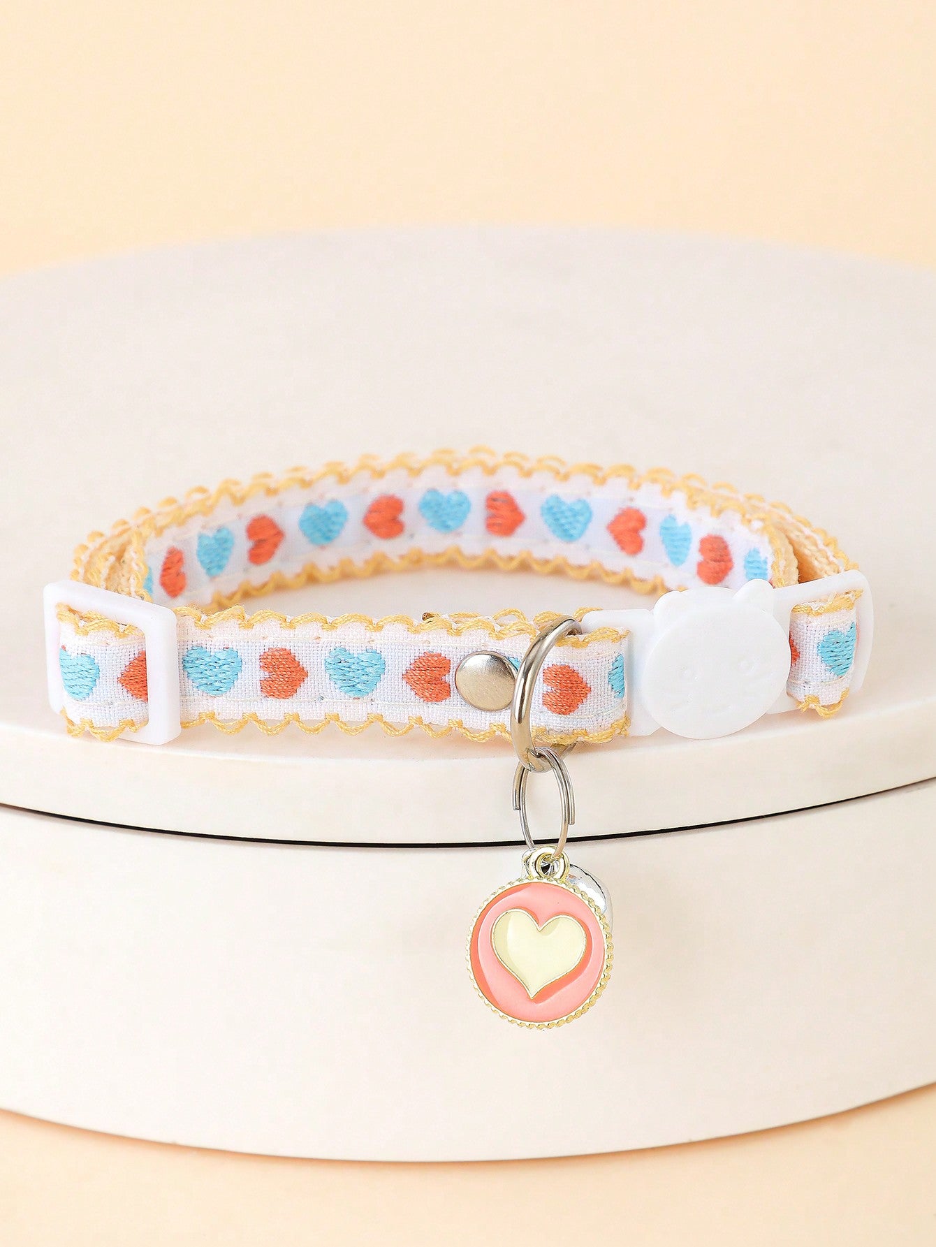 Multicolor adjustable pet collar with embroidered apple or cherry fruit pattern, buckle closure, and bell for cats and small dogs