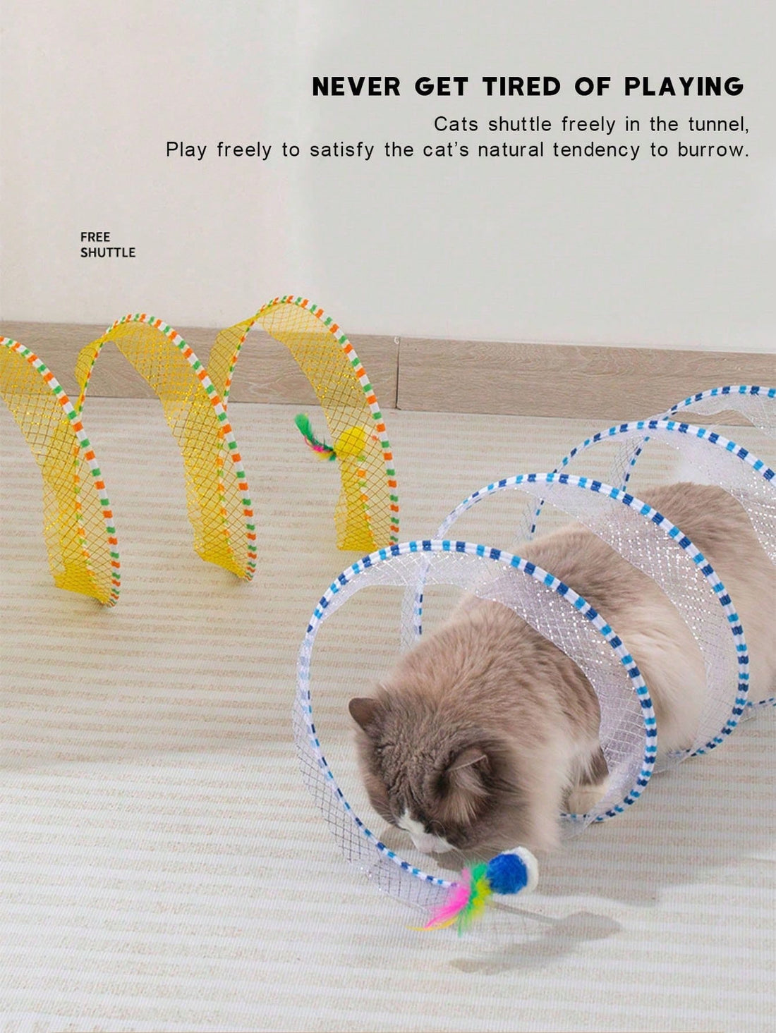 S-Shape Cat Tunnel Toy, Wire Mesh & Gauze Patchwork Design, Foldable With Sound Effect, Suitable For Indoor Family Entertainment & Stress Relief