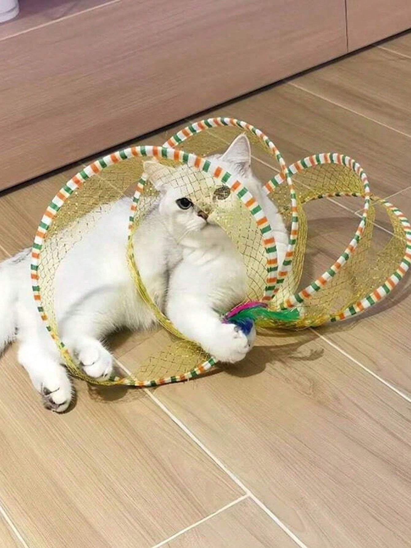 S-Shape Cat Tunnel Toy, Wire Mesh & Gauze Patchwork Design, Foldable With Sound Effect, Suitable For Indoor Family Entertainment & Stress Relief