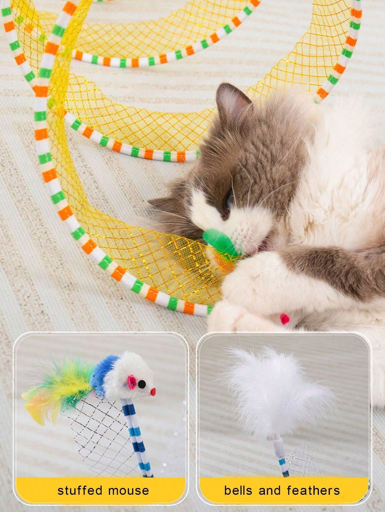 S-Shape Cat Tunnel Toy, Wire Mesh & Gauze Patchwork Design, Foldable With Sound Effect, Suitable For Indoor Family Entertainment & Stress Relief