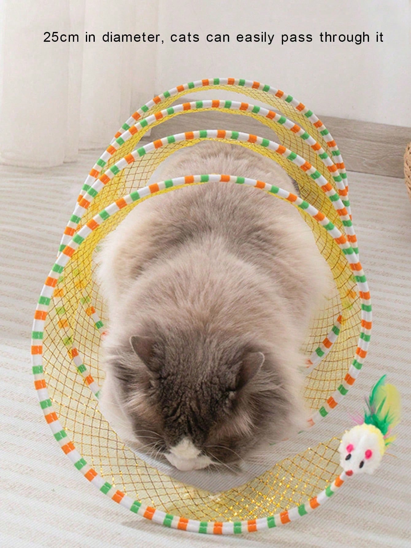 S-Shape Cat Tunnel Toy, Wire Mesh & Gauze Patchwork Design, Foldable With Sound Effect, Suitable For Indoor Family Entertainment & Stress Relief
