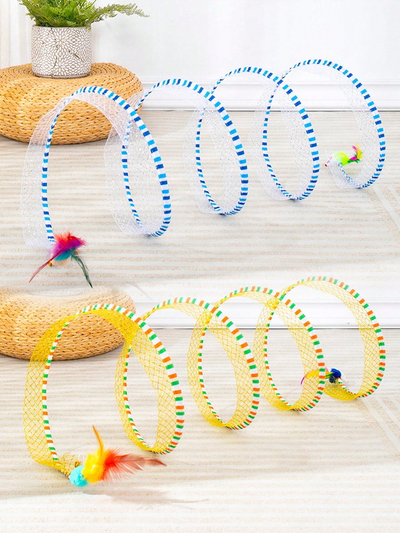 S-Shape Cat Tunnel Toy, Wire Mesh & Gauze Patchwork Design, Foldable With Sound Effect, Suitable For Indoor Family Entertainment & Stress Relief