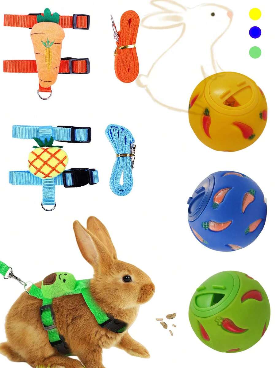 Multicolor small pet toy set featuring a carrot-shaped slow feeder food dispenser and an expandable telescopic play tunnel made of Polyvinyl Chloride for hamsters, bunnies, ferrets, and sugar gliders.
