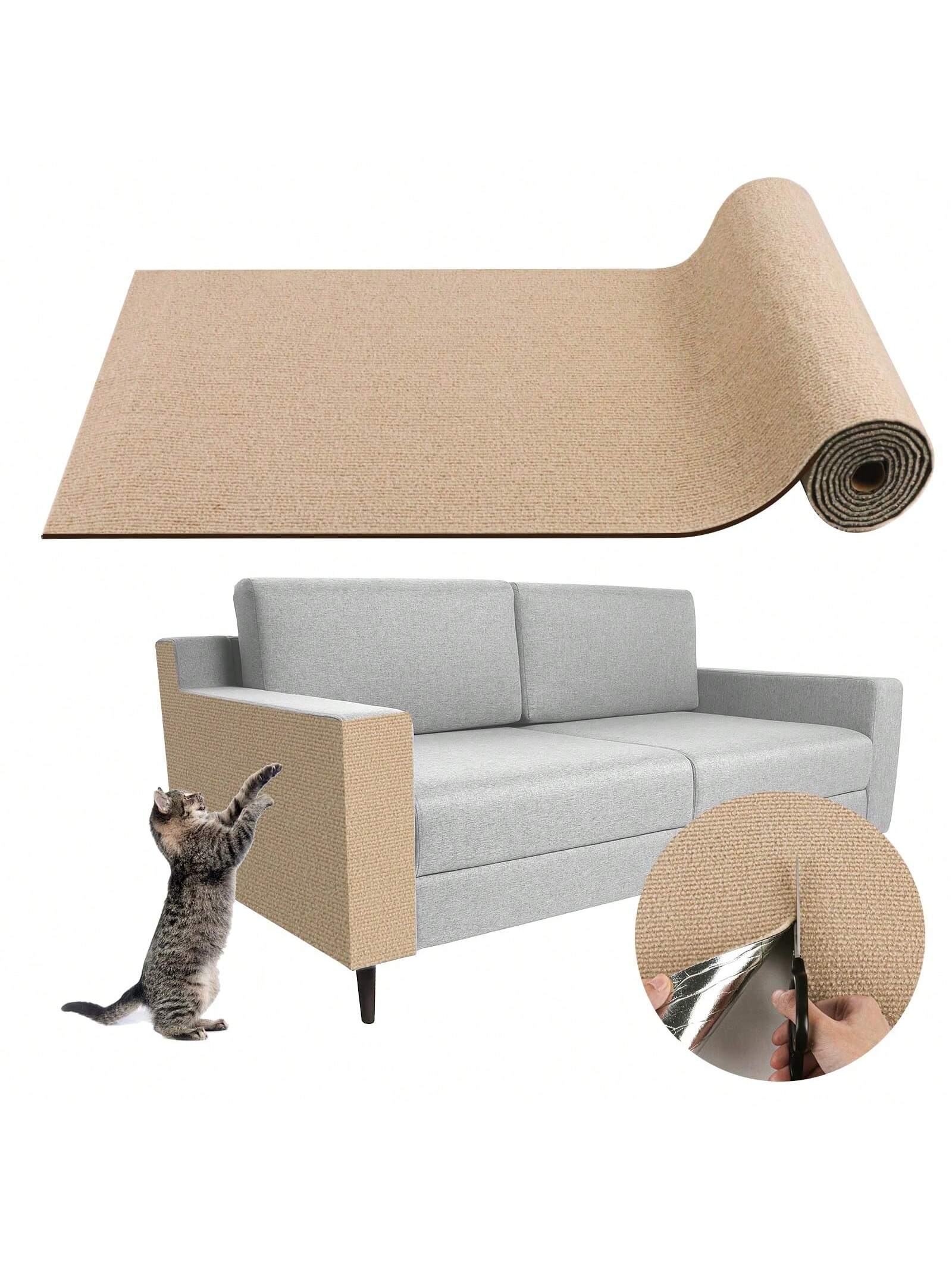 Khaki self-adhesive trimmable cat scratching mat carpet designed as a furniture protector for cats