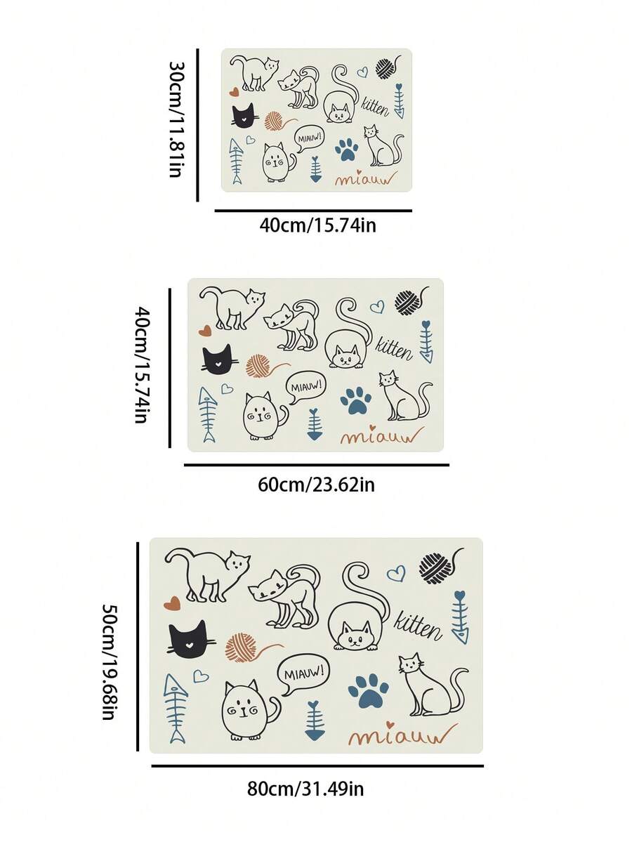 Multicolor cat pattern pet food mat measuring 50cm by 80cm featuring an absorbent polyester top and non-slip rubber bottom for cat and dog feeding and drinking bowls.