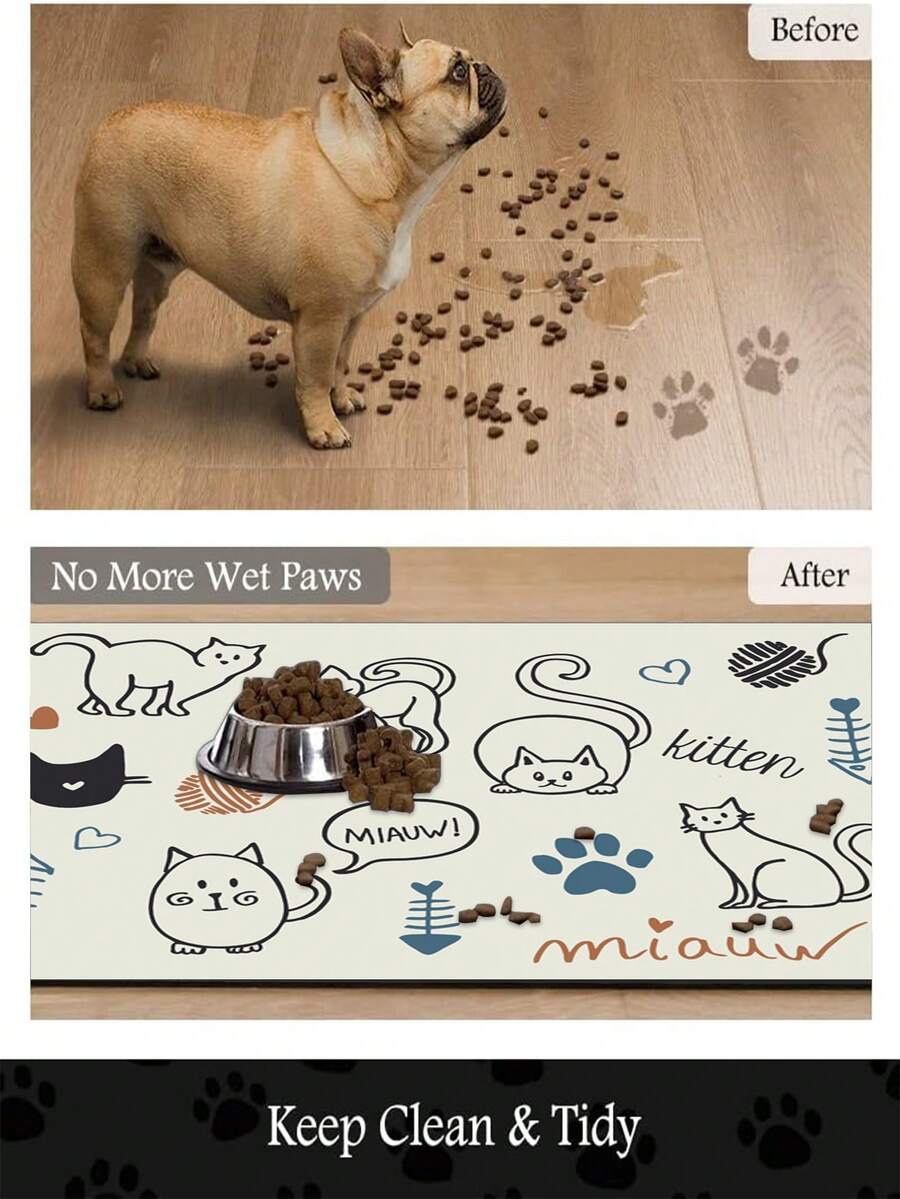 Multicolor cat pattern pet food mat measuring 50cm by 80cm featuring an absorbent polyester top and non-slip rubber bottom for cat and dog feeding and drinking bowls.