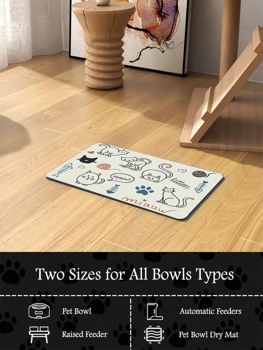 Multicolor cat pattern pet food mat measuring 50cm by 80cm featuring an absorbent polyester top and non-slip rubber bottom for cat and dog feeding and drinking bowls.