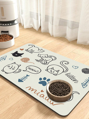 Multicolor cat pattern pet food mat measuring 50cm by 80cm featuring an absorbent polyester top and non-slip rubber bottom for cat and dog feeding and drinking bowls.