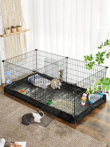 Black metal grid small animal playpen with a waterproof fabric liner and two separate space compartments for guinea pigs and rabbits.