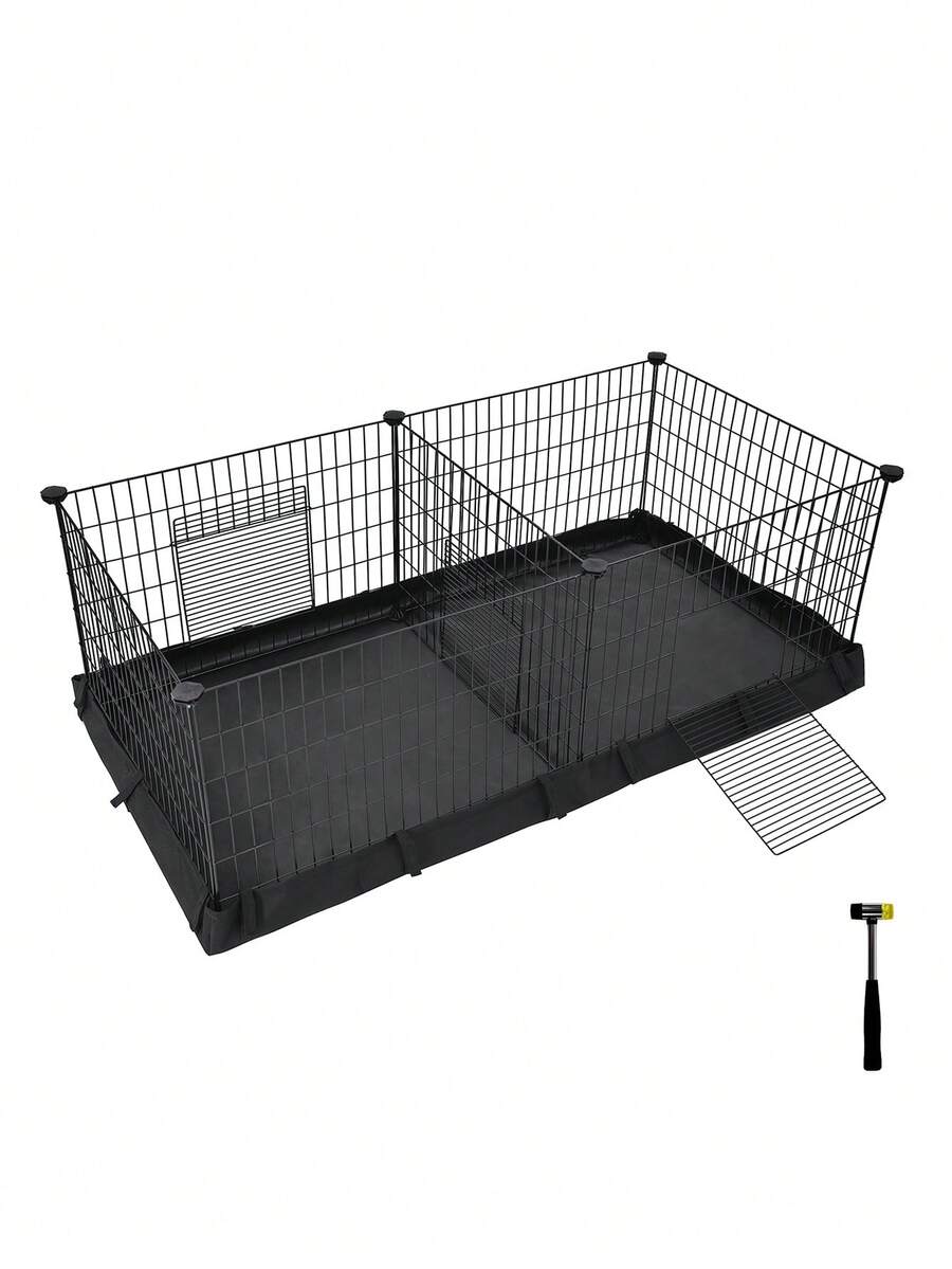 Black metal grid small animal playpen with a waterproof fabric liner and two separate space compartments for guinea pigs and rabbits.