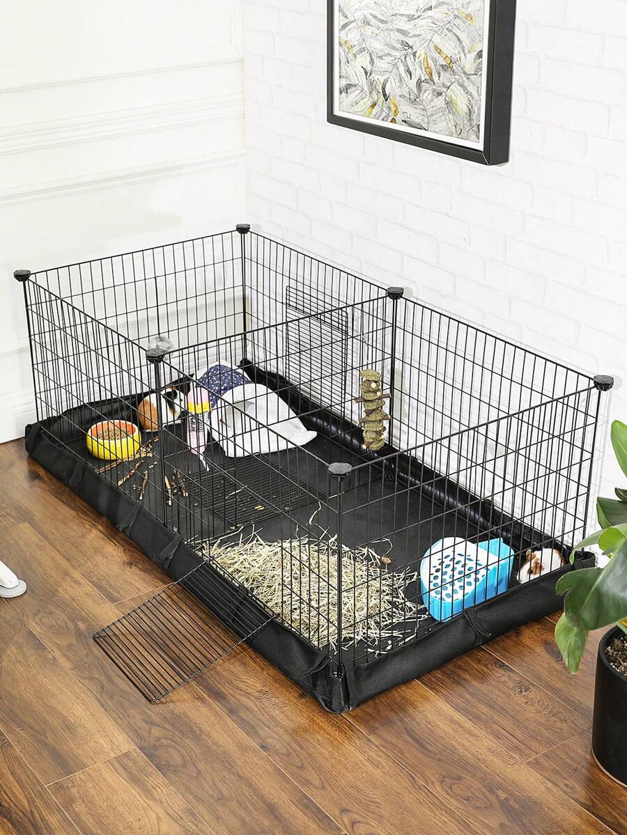 Black metal grid small animal playpen with a waterproof fabric liner and two separate space compartments for guinea pigs and rabbits.