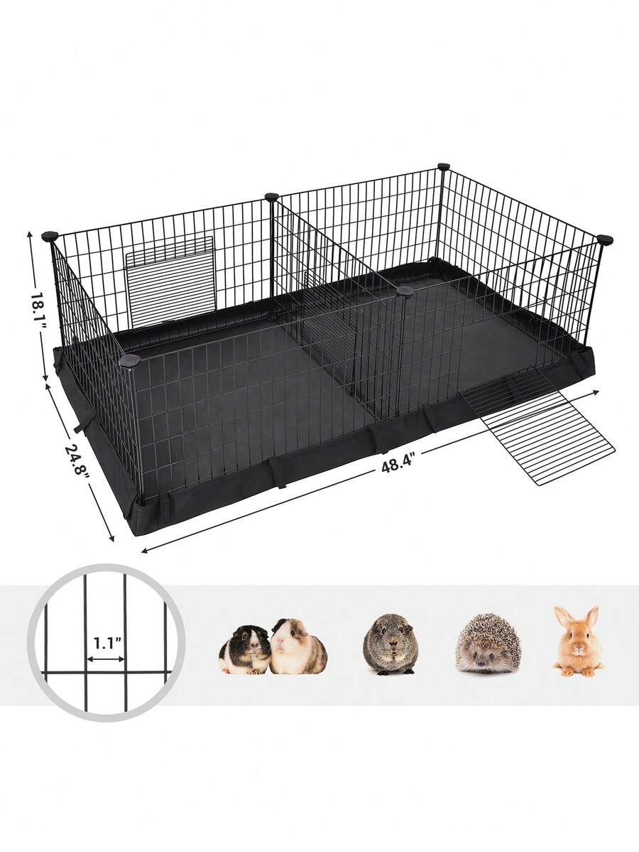 Black metal grid small animal playpen with a waterproof fabric liner and two separate space compartments for guinea pigs and rabbits.