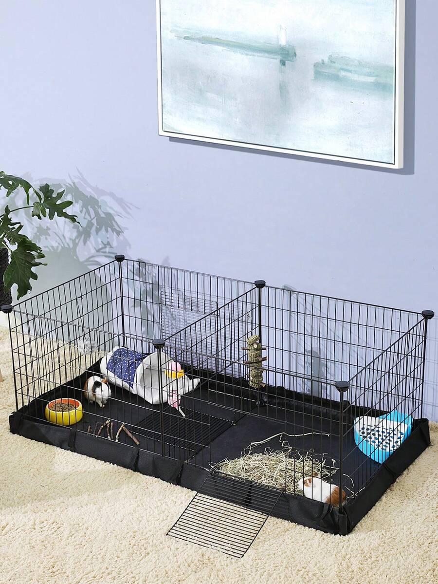Black metal grid small animal playpen with a waterproof fabric liner and two separate space compartments for guinea pigs and rabbits.