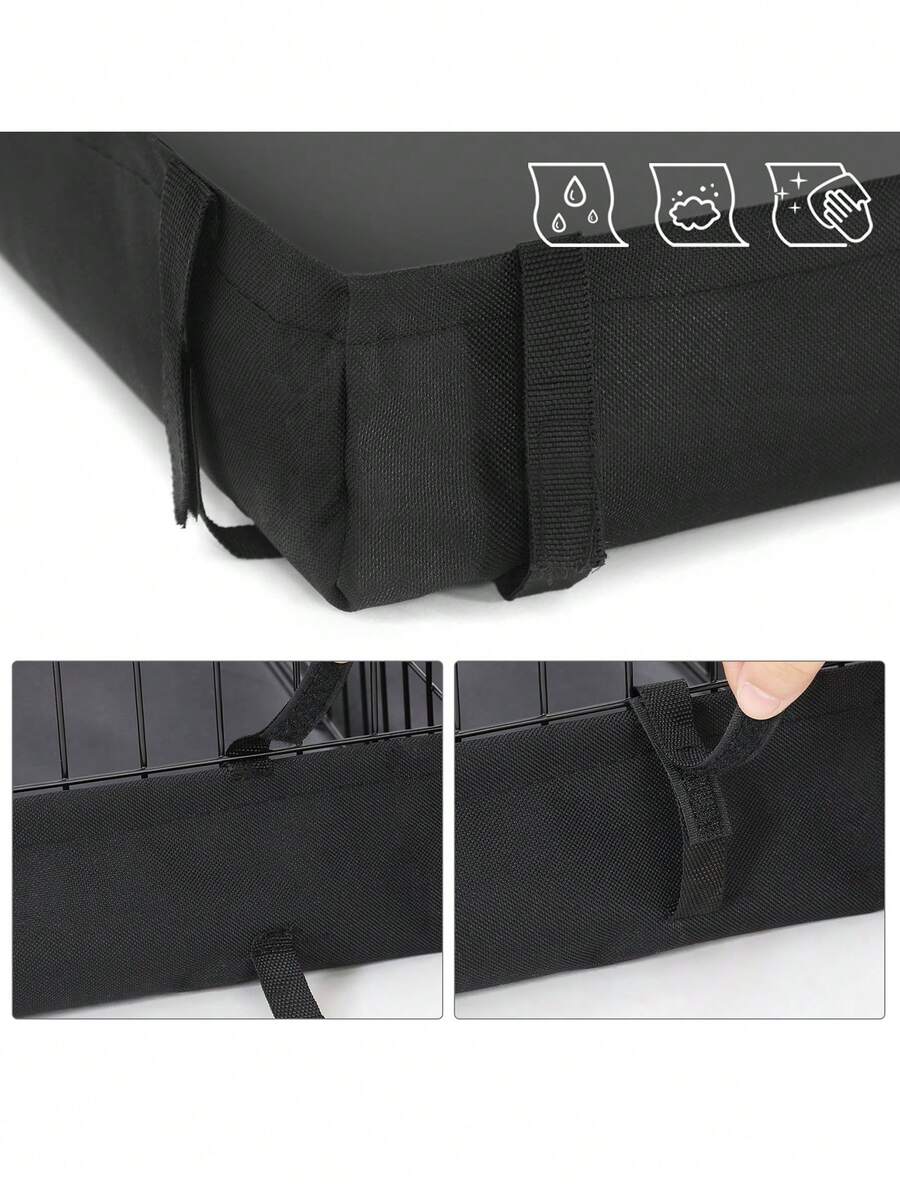 Black metal grid small animal playpen with a waterproof fabric liner and two separate space compartments for guinea pigs and rabbits.