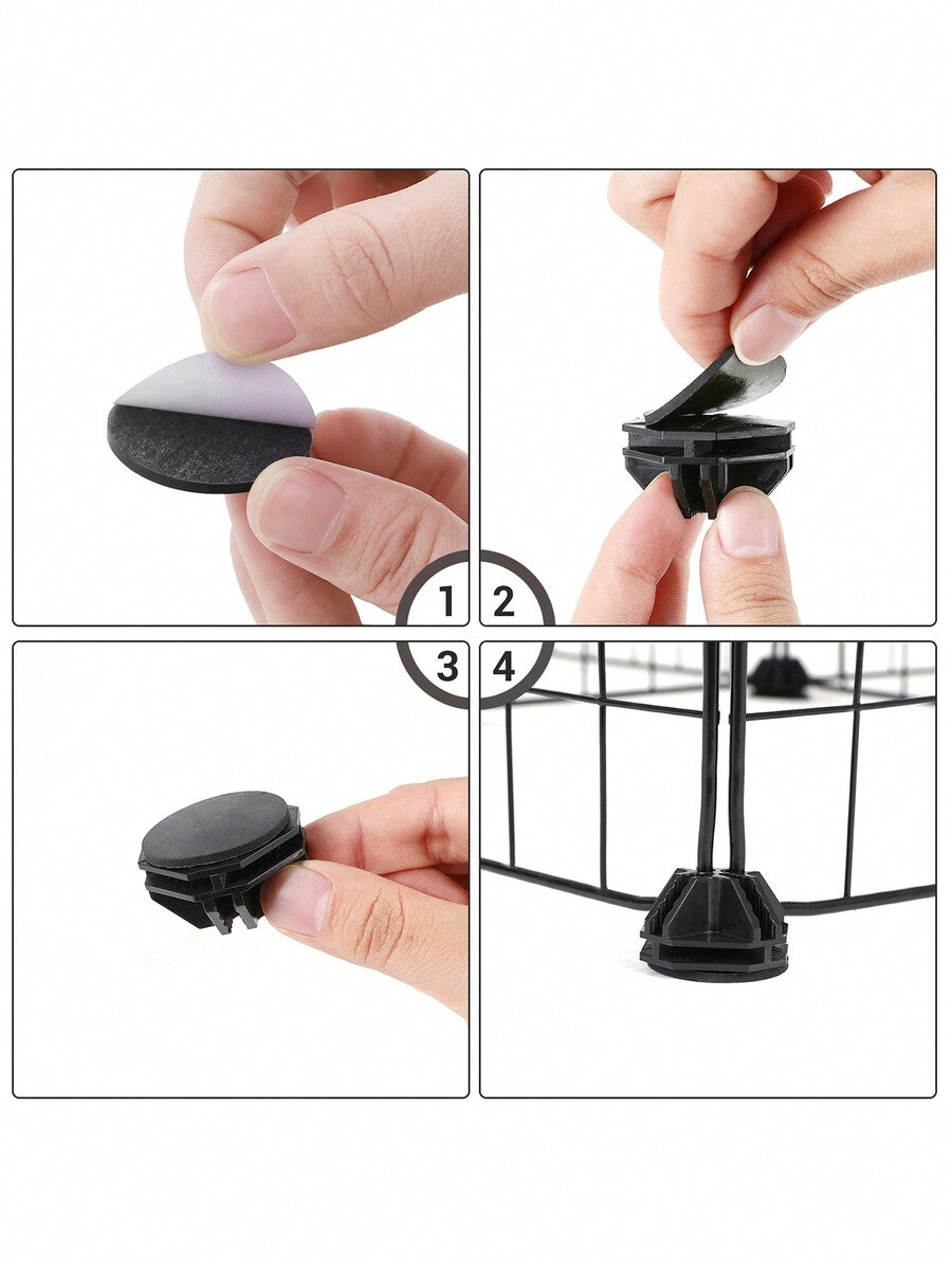 Black metal grid small animal playpen with a waterproof fabric liner and two separate space compartments for guinea pigs and rabbits.