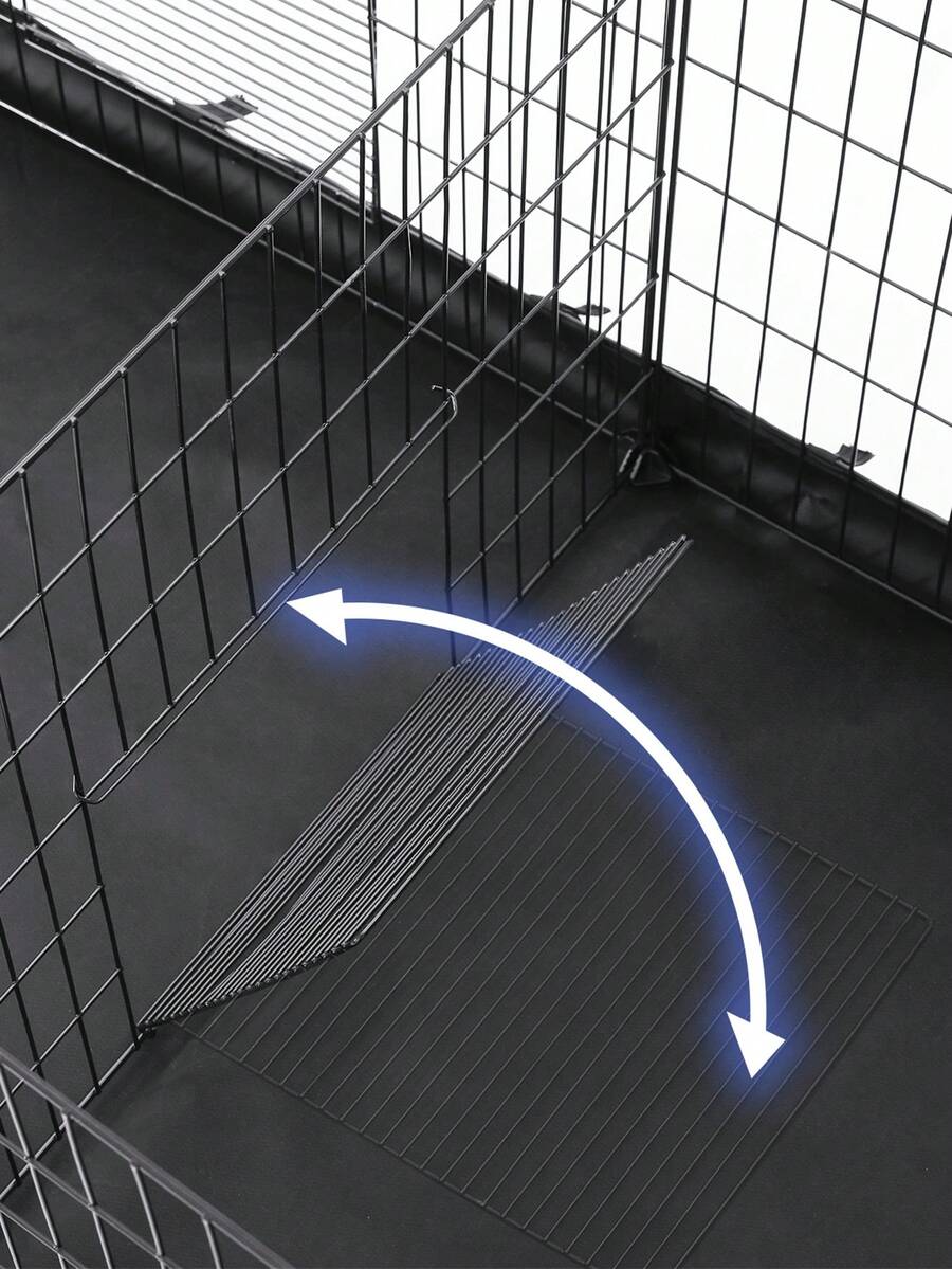 Black metal grid small animal playpen with a waterproof fabric liner and two separate space compartments for guinea pigs and rabbits.