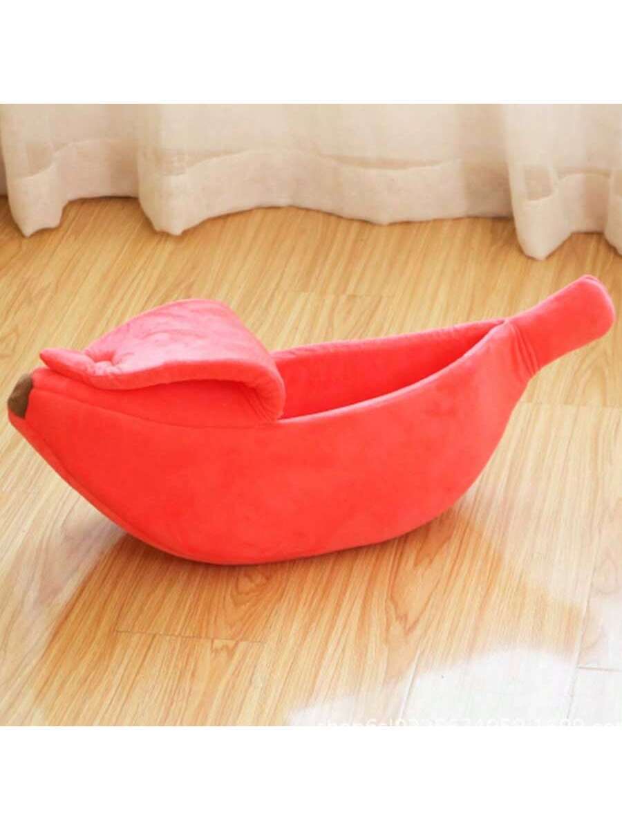 Yellow banana shaped warm pet bed with a covered lid for indoor cats and small dogs