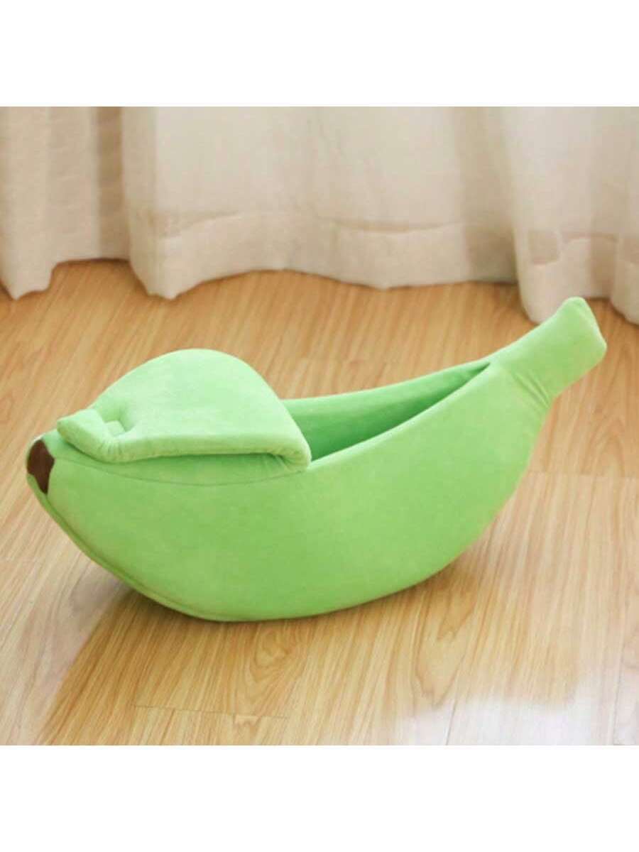 Yellow banana shaped warm pet bed with a covered lid for indoor cats and small dogs