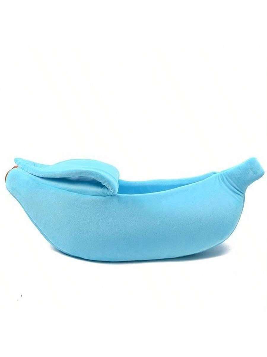 Yellow banana shaped warm pet bed with a covered lid for indoor cats and small dogs