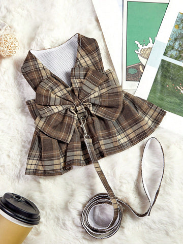 Multicolor plaid pet collar and leash set with bow detail for cats and dogs, made from polyester