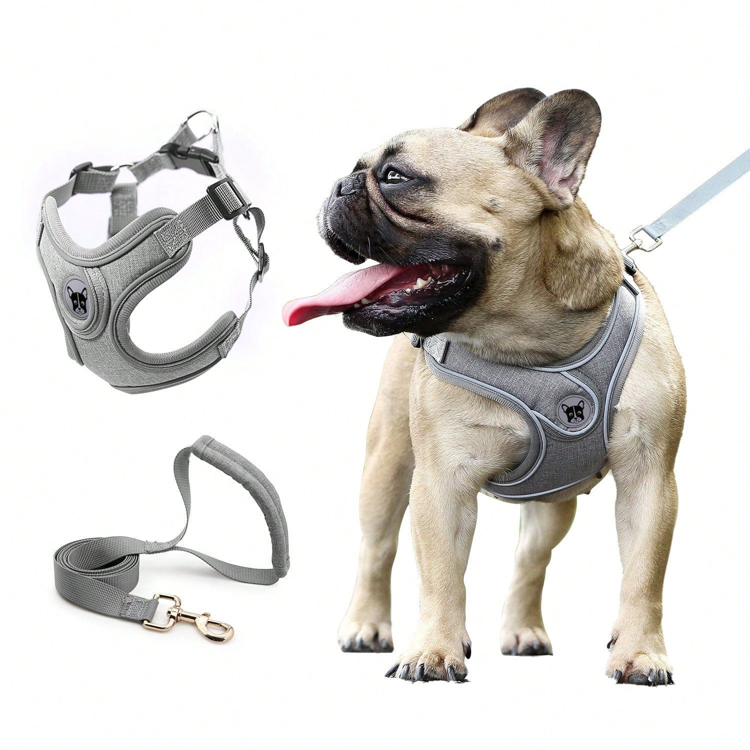 Adjustable padded dog harness set with leash in a reflective vest style for small and medium dogs, polyester colorblock design