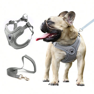 Adjustable padded dog harness set with leash in a reflective vest style for small and medium dogs, polyester colorblock design