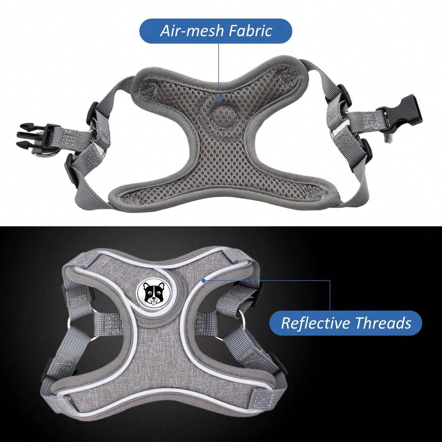 Adjustable padded dog harness set with leash in a reflective vest style for small and medium dogs, polyester colorblock design