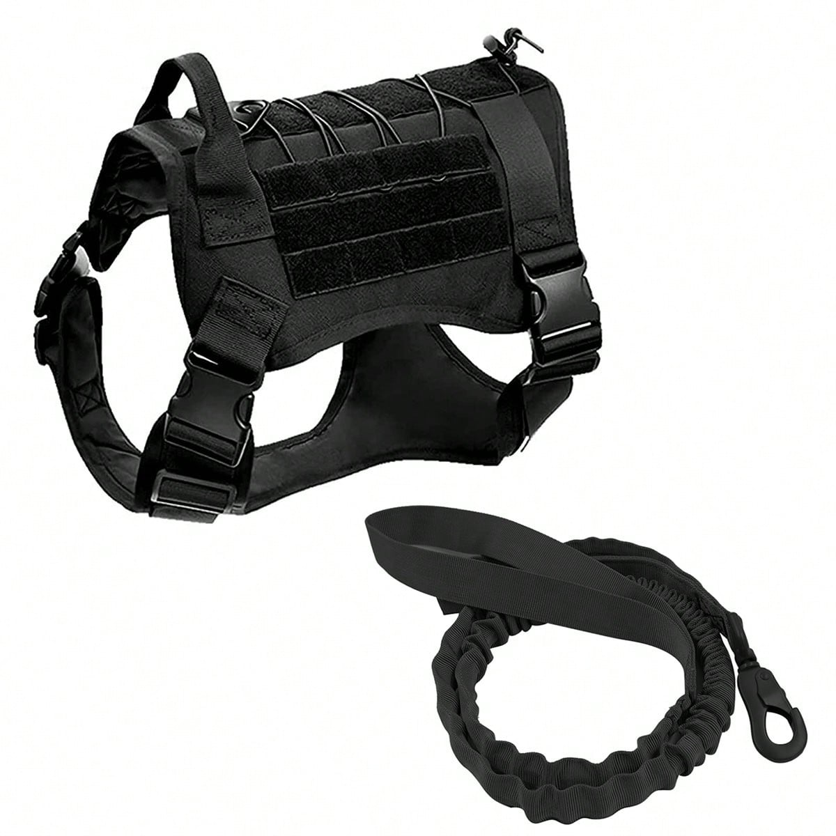 Multicolor polyamide dog harness and leash set with Molle vest design, handle, and hook and loop patch panel for walking, hiking, and training