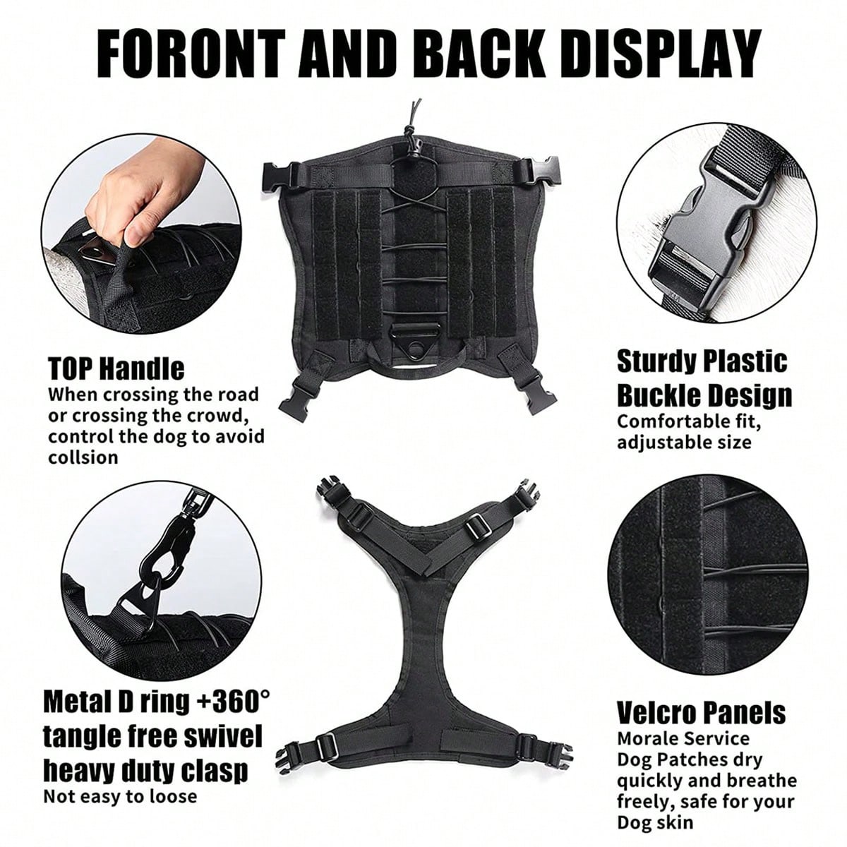 Multicolor polyamide dog harness and leash set with Molle vest design, handle, and hook and loop patch panel for walking, hiking, and training