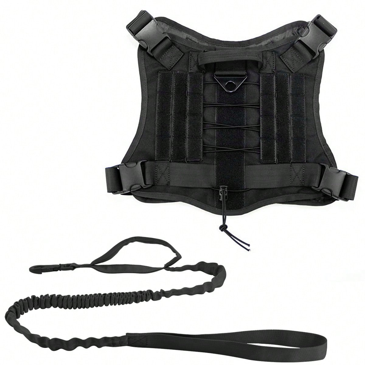 Multicolor polyamide dog harness and leash set with Molle vest design, handle, and hook and loop patch panel for walking, hiking, and training