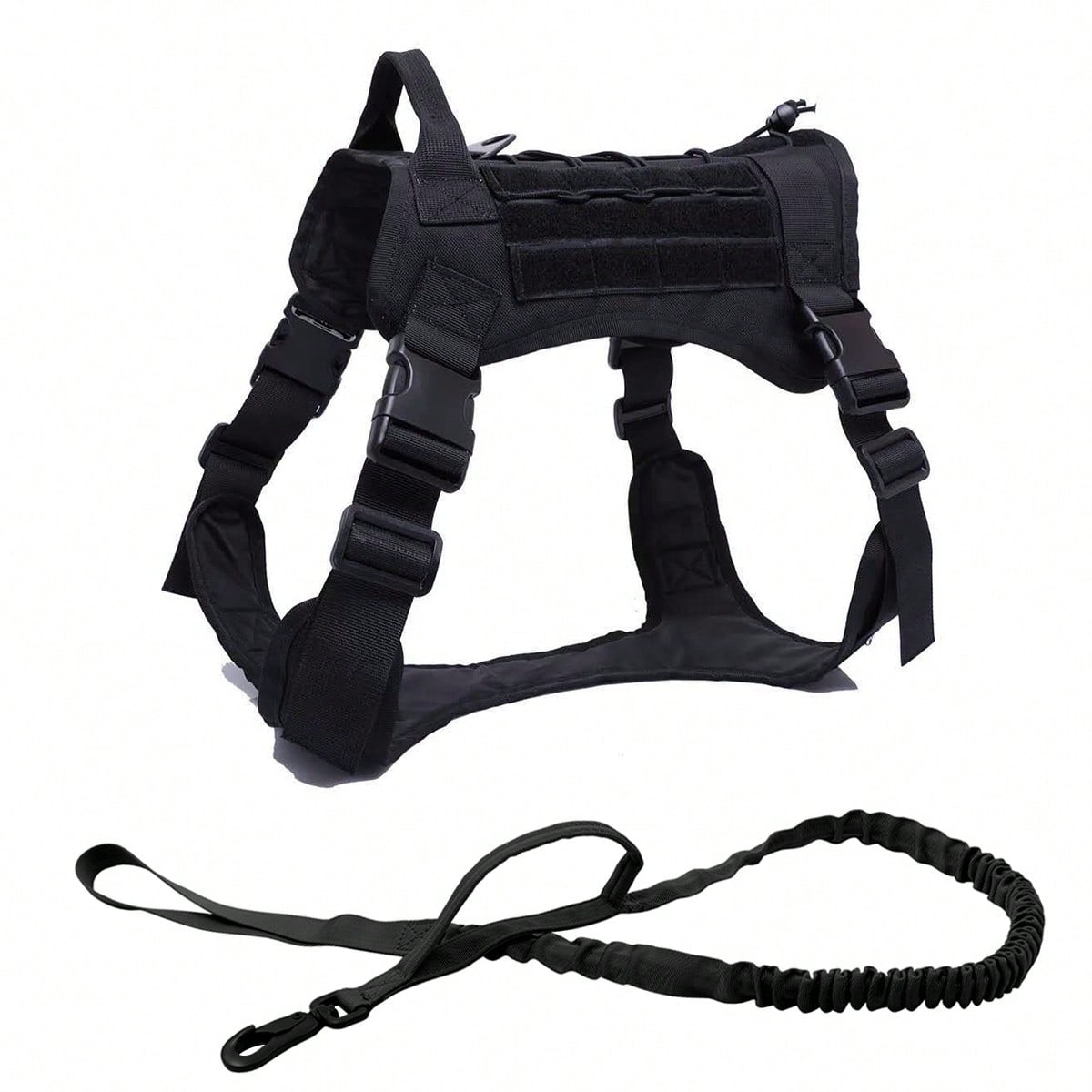 Multicolor polyamide dog harness and leash set with Molle vest design, handle, and hook and loop patch panel for walking, hiking, and training