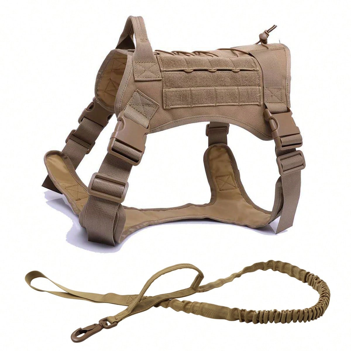 Multicolor polyamide dog harness and leash set with Molle vest design, handle, and hook and loop patch panel for walking, hiking, and training