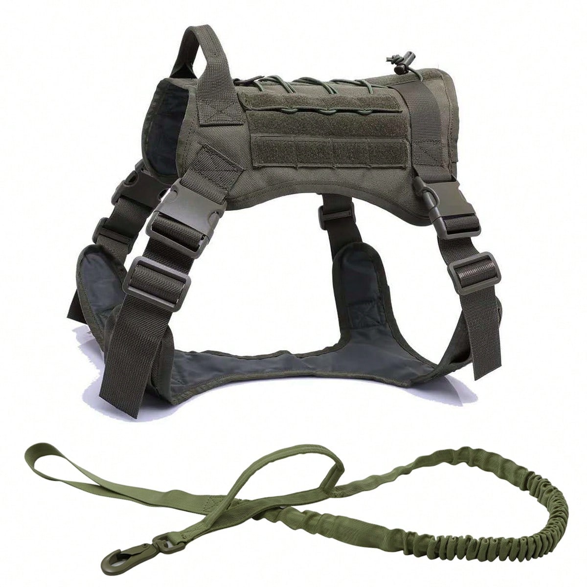 Multicolor polyamide dog harness and leash set with Molle vest design, handle, and hook and loop patch panel for walking, hiking, and training