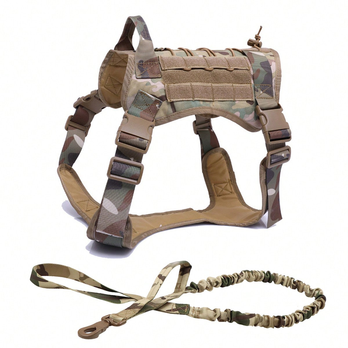 Multicolor polyamide dog harness and leash set with Molle vest design, handle, and hook and loop patch panel for walking, hiking, and training