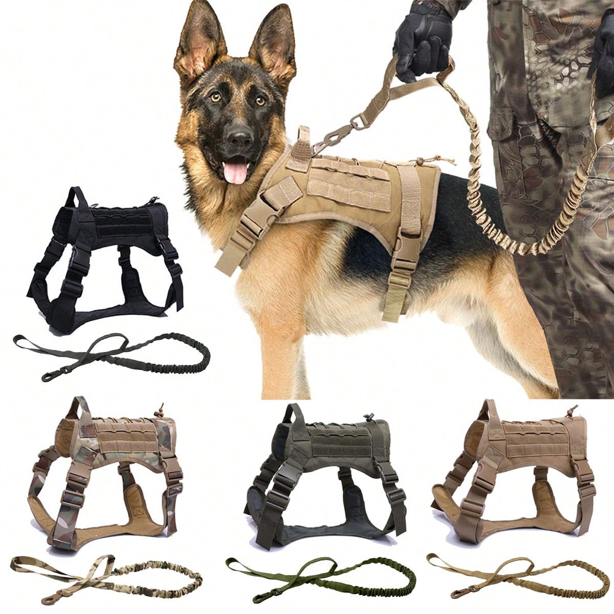 Multicolor polyamide dog harness and leash set with Molle vest design, handle, and hook and loop patch panel for walking, hiking, and training