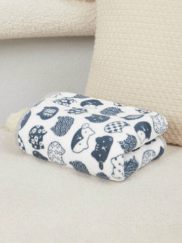 Warm plush pet blanket featuring a multicolor cartoon cat and plant print pattern, made from 100% polyester fabric for cats and dogs.