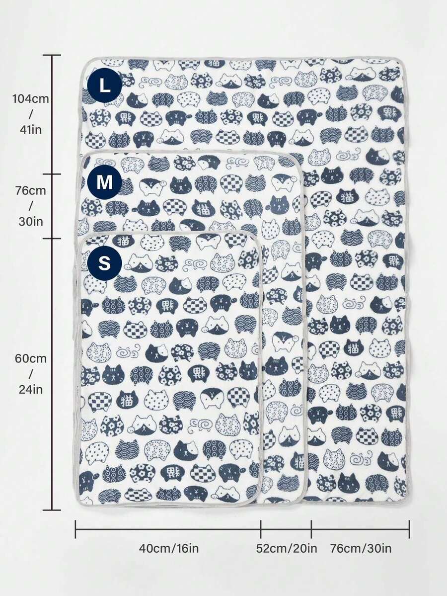 Warm plush pet blanket featuring a multicolor cartoon cat and plant print pattern, made from 100% polyester fabric for cats and dogs.