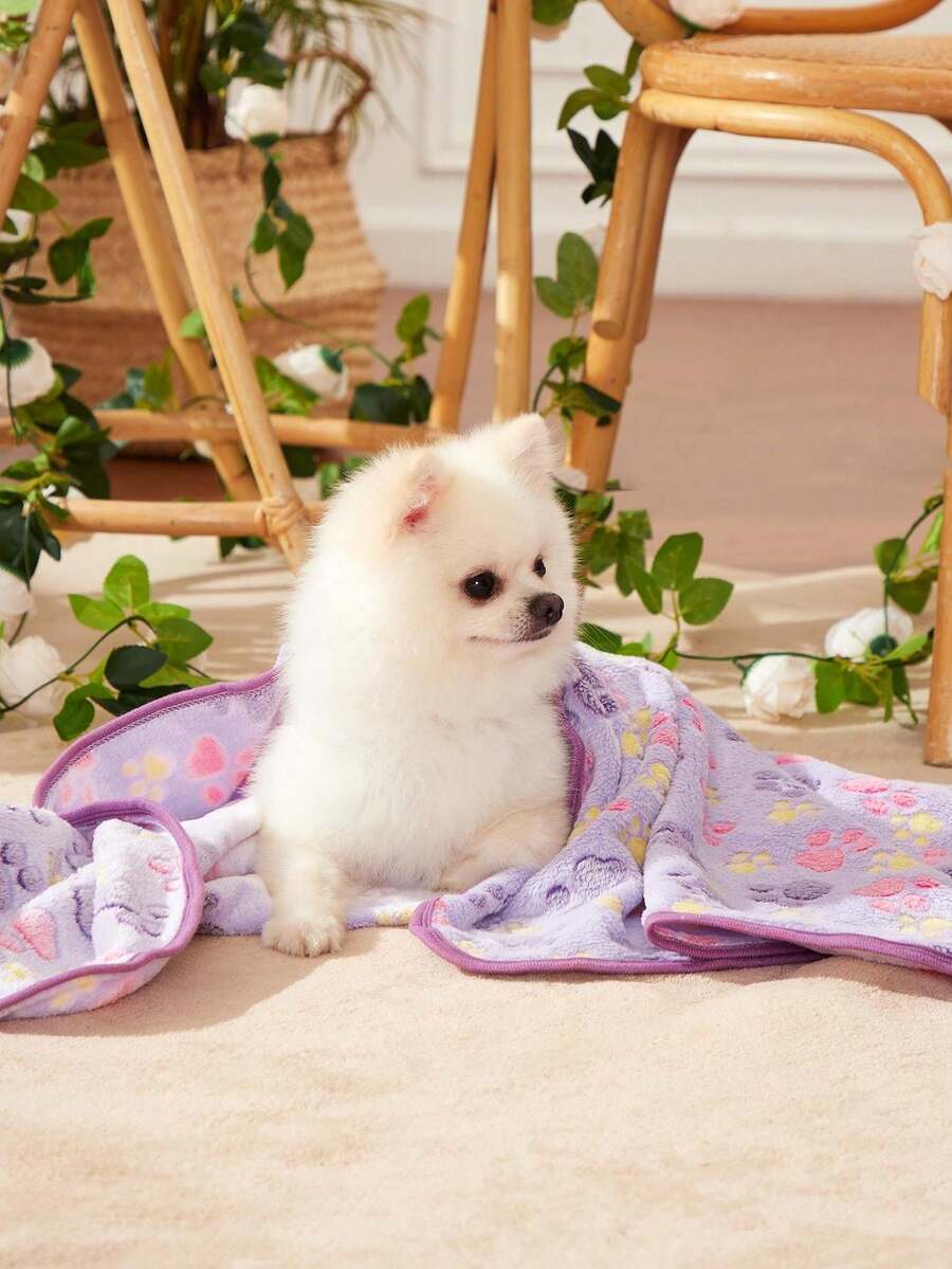 Warm plush pet blanket featuring a multicolor cartoon cat and plant print pattern, made from 100% polyester fabric for cats and dogs.