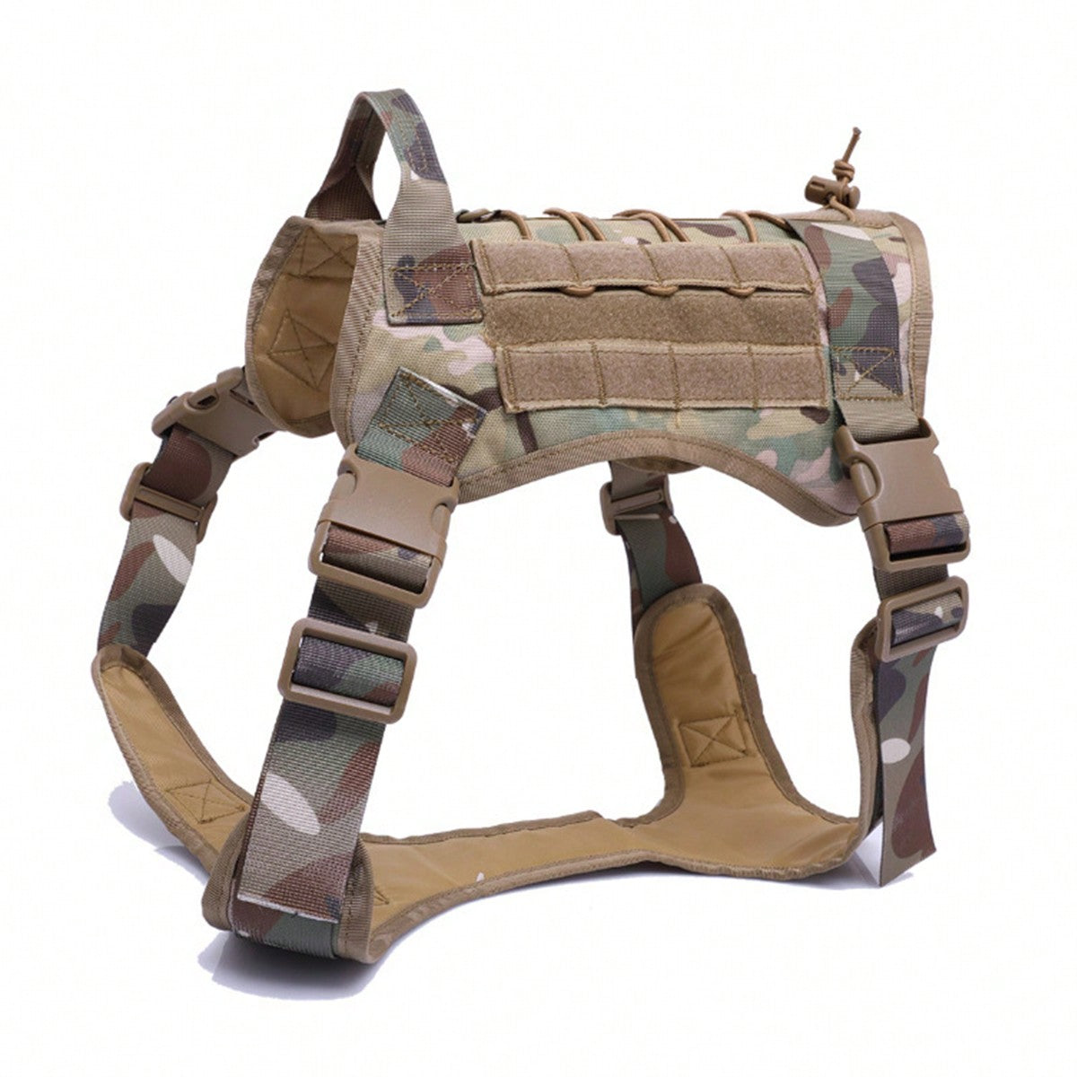 Adjustable dog training harness vest with handle in multicolor polyamide, designed for no-pull control during training, hunting, and walking