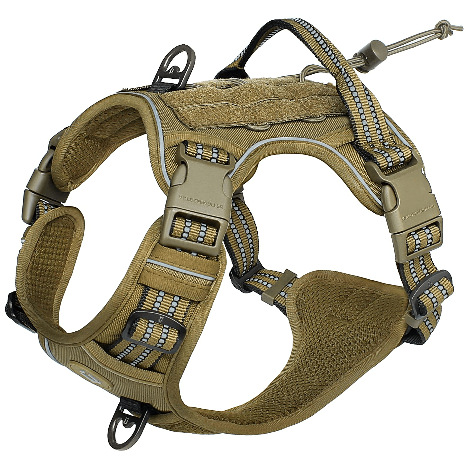 Adjustable tactical dog harness in military vest style with double metal hook and anti-pull design for dog training and walking