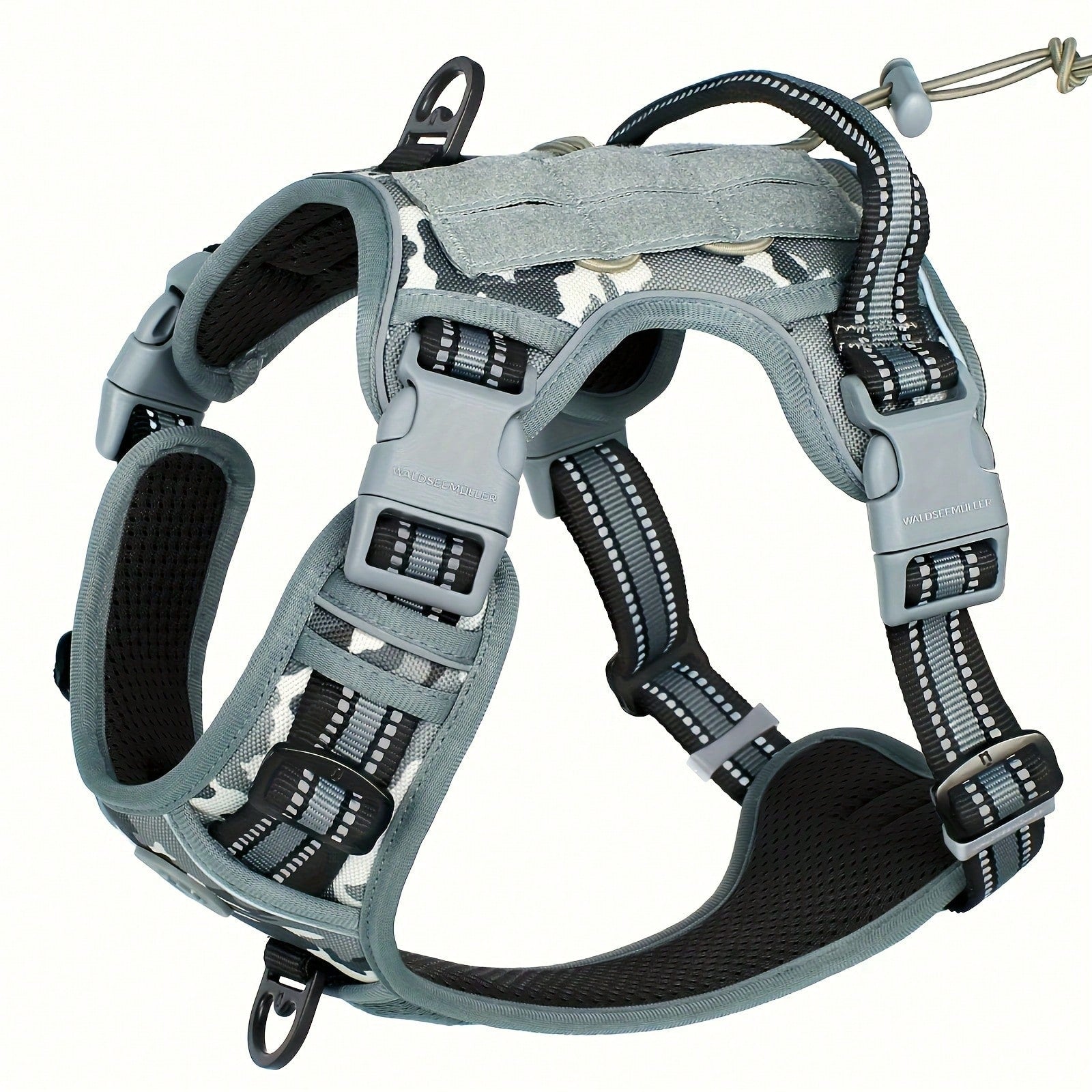 Adjustable tactical dog harness in military vest style with double metal hook and anti-pull design for dog training and walking