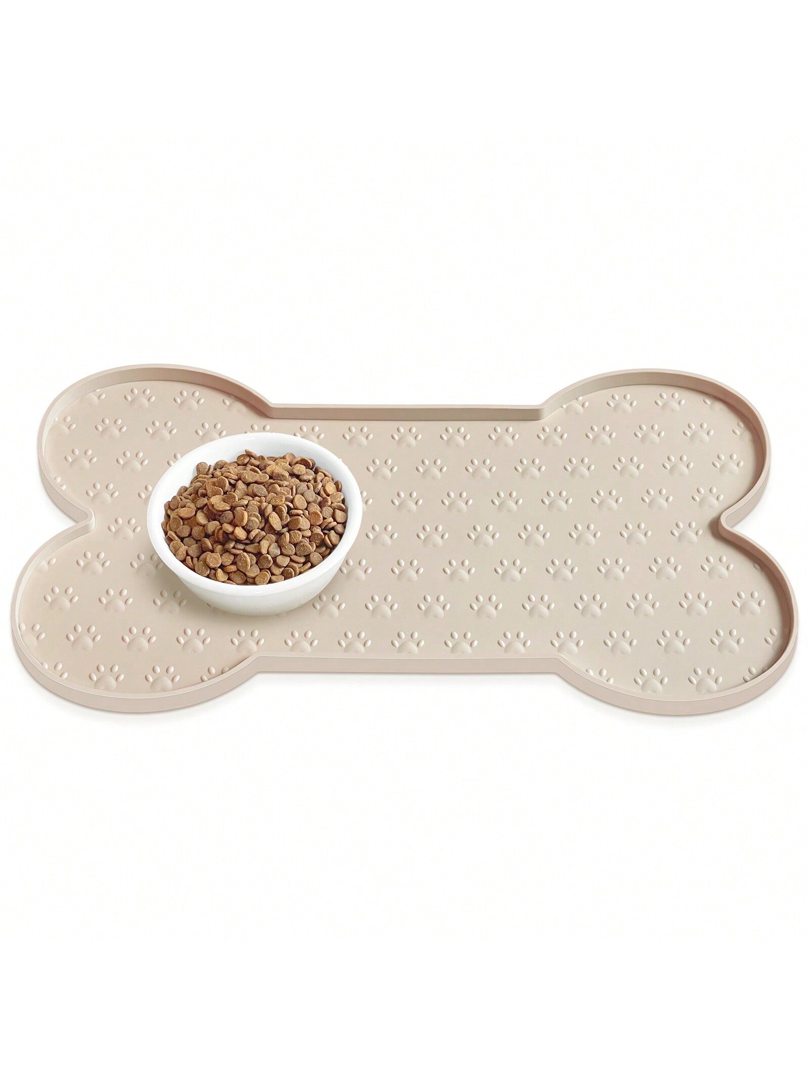 Multicolor bone-shaped silicone pet feeding mat with high spill-proof edge for cat and dog food and water bowls.