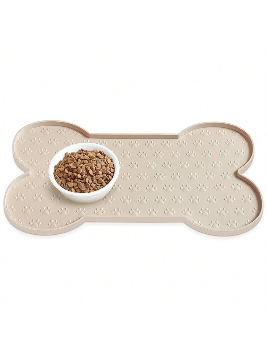 Multicolor bone-shaped silicone pet feeding mat with high spill-proof edge for cat and dog food and water bowls.