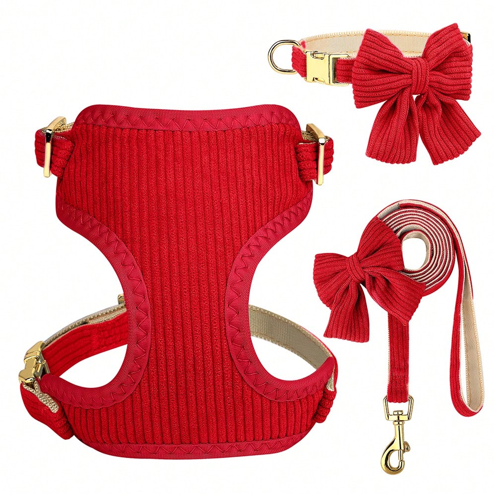 Rose red velvet bow dog collar, leash, and harness set for cats and dogs, made with polyester for everyday pet walks and styling.
