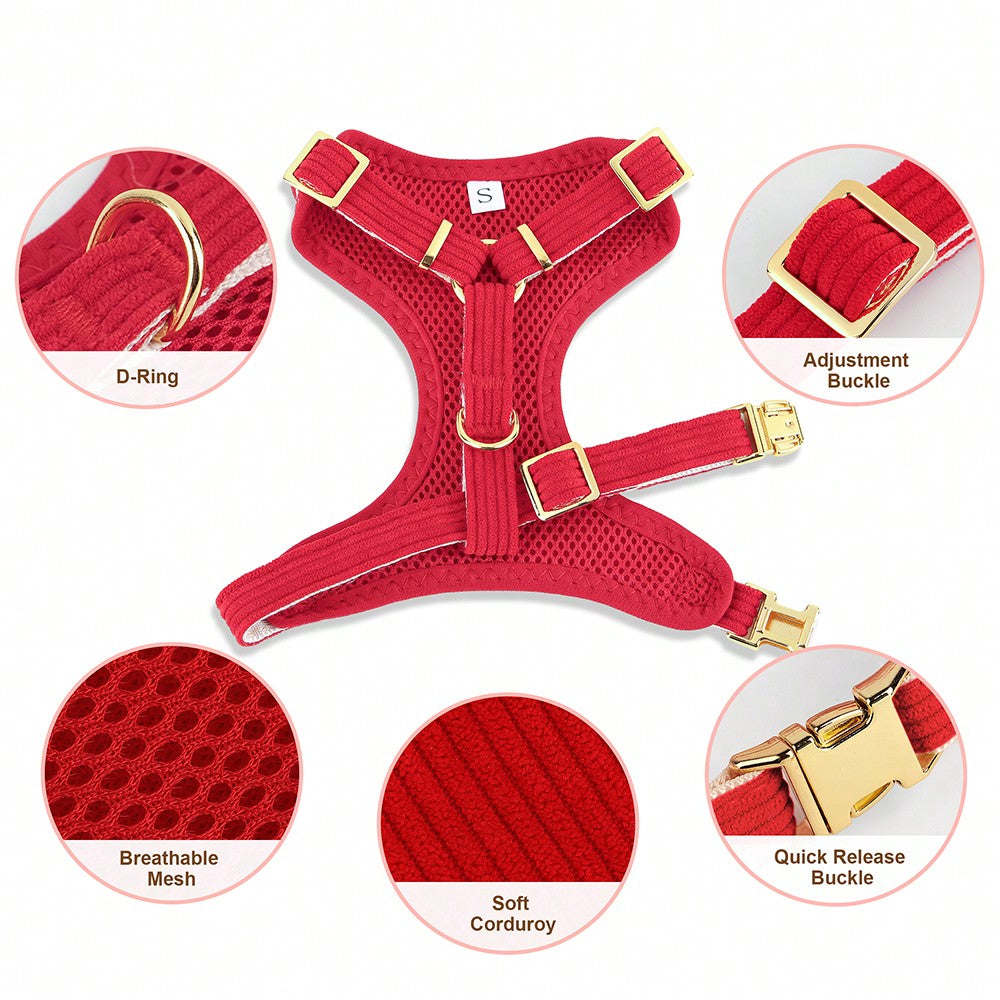 Rose red velvet bow dog collar, leash, and harness set for cats and dogs, made with polyester for everyday pet walks and styling.
