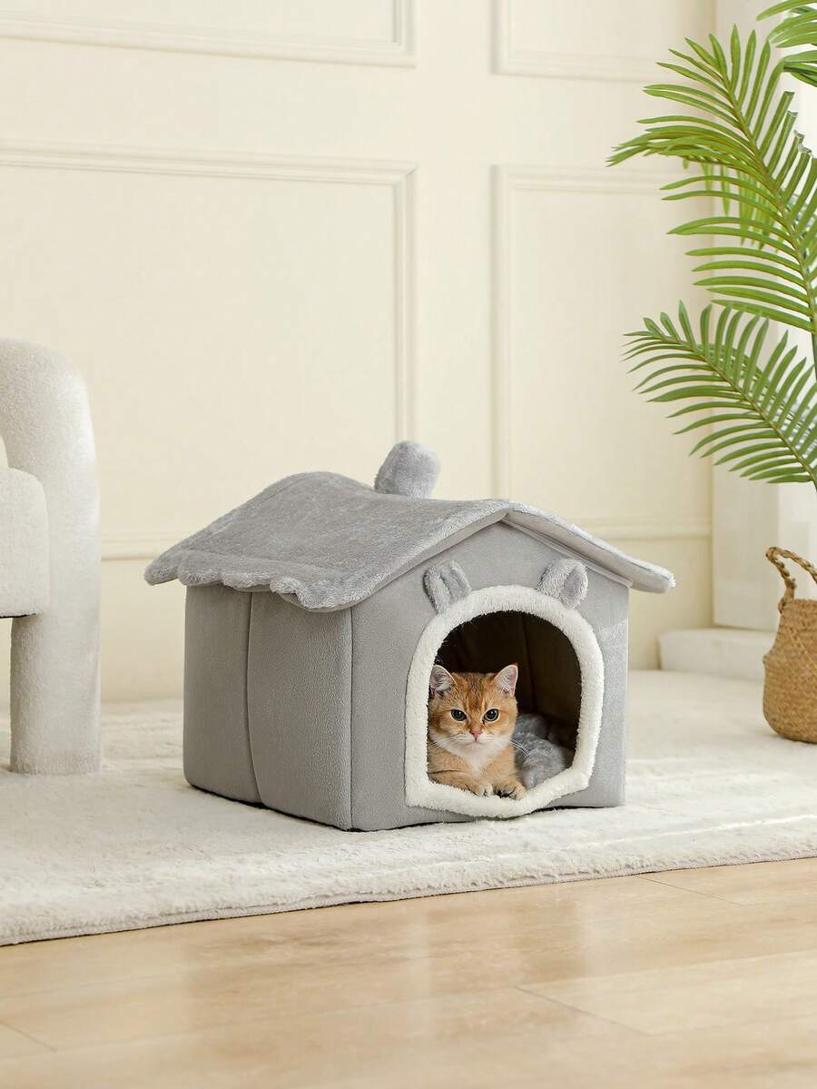 Brown breathable fabric cat house bed cushion and comfortable pet nest basket for cats and puppies