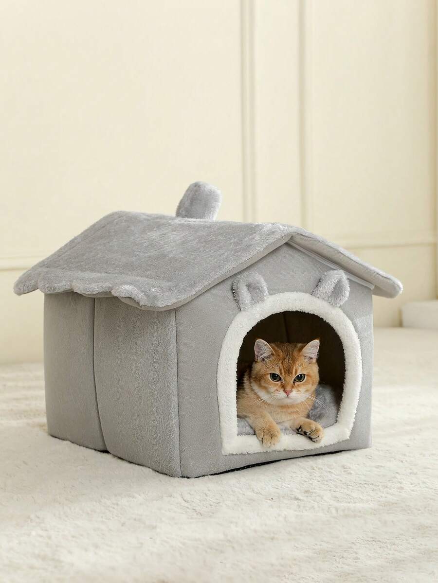 Brown breathable fabric cat house bed cushion and comfortable pet nest basket for cats and puppies
