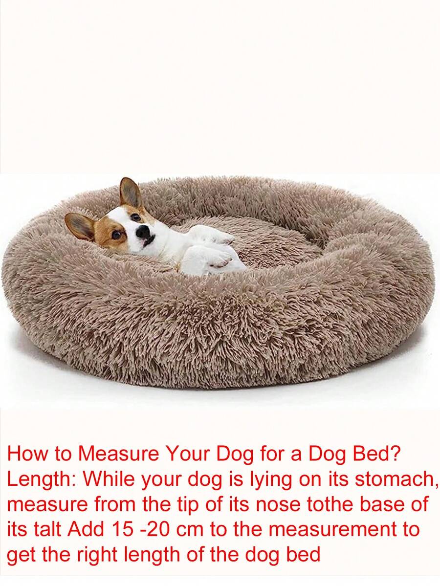 Khaki round plush pet bed for small to medium cats and dogs, soft machine washable non-detachable pet cushion.