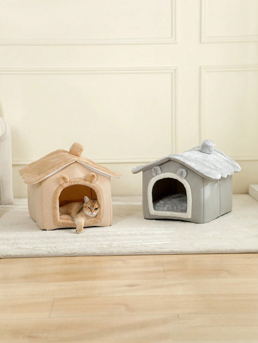 Brown breathable fabric cat house bed cushion and comfortable pet nest basket for cats and puppies