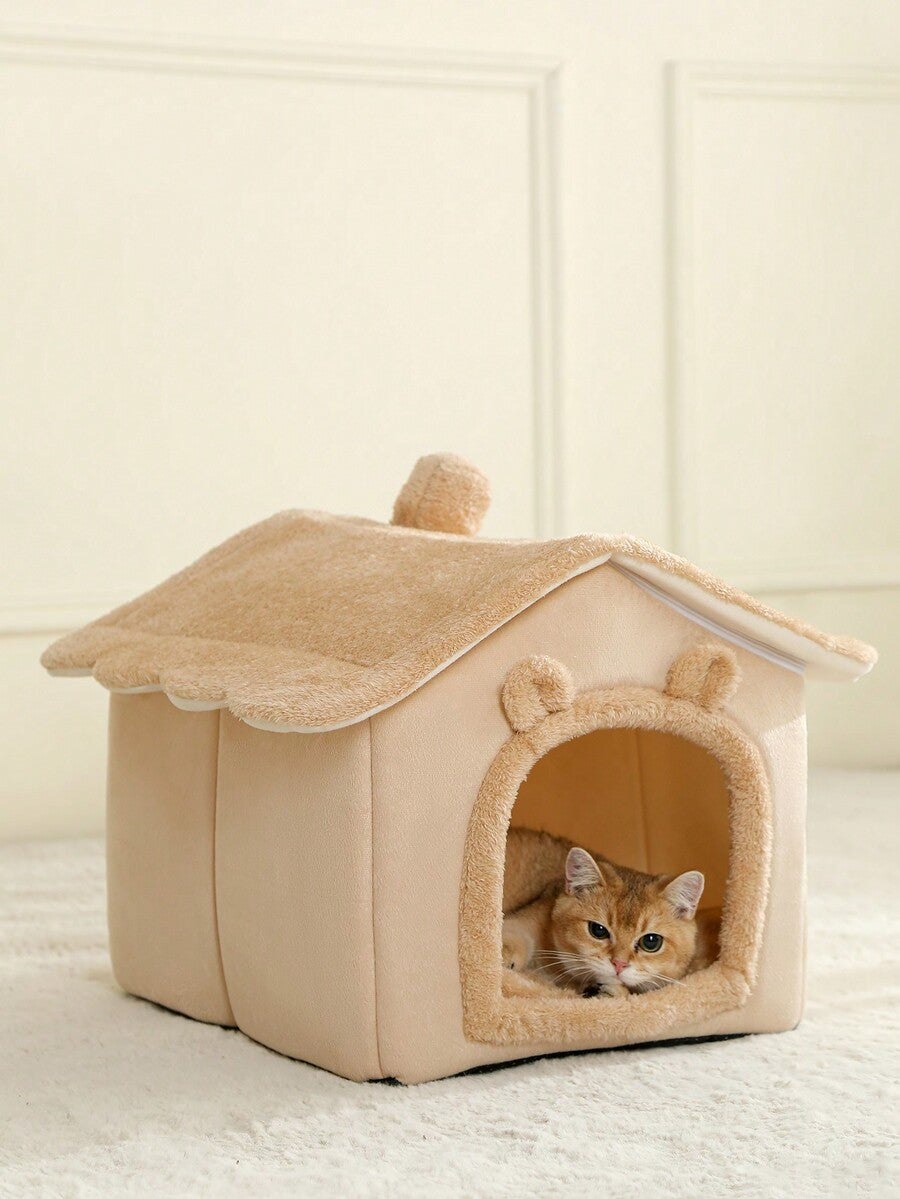 Brown breathable fabric cat house bed cushion and comfortable pet nest basket for cats and puppies